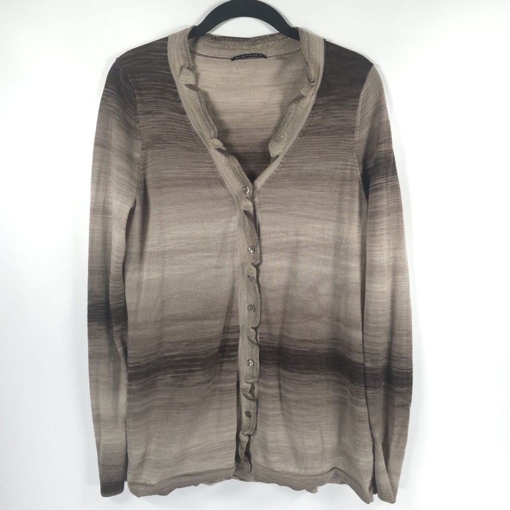 Elie Tahari 100% Merino Wool Extrafine V Neck Ls Button Striped Cardigan Medium